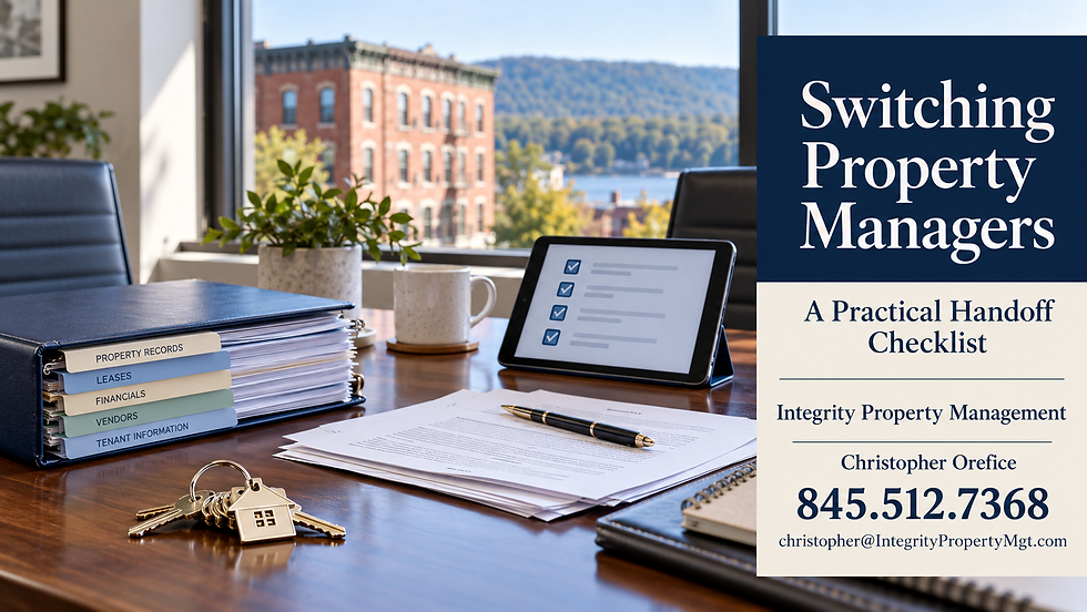 Property handoff folder, keys and checklist. Christopher Orefice, Integrity Property Management, 845.512.7368, christopher@IntegrityPropertyMgt.com.