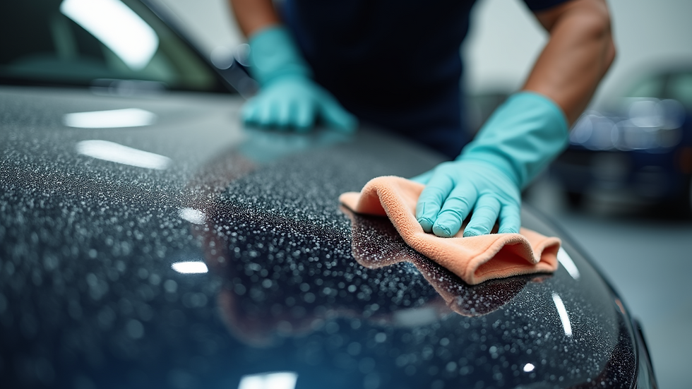 Close-up view of a professional detailer polishing a car’s hood with a microfiber cloth