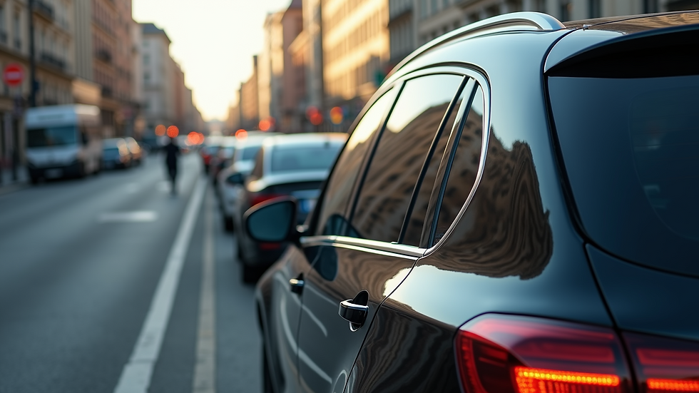 Eye-level view of a car with tinted windows parked in a busy area