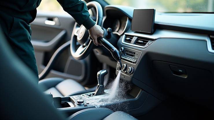 Close-up view of a car interior being vacuumed by a professional