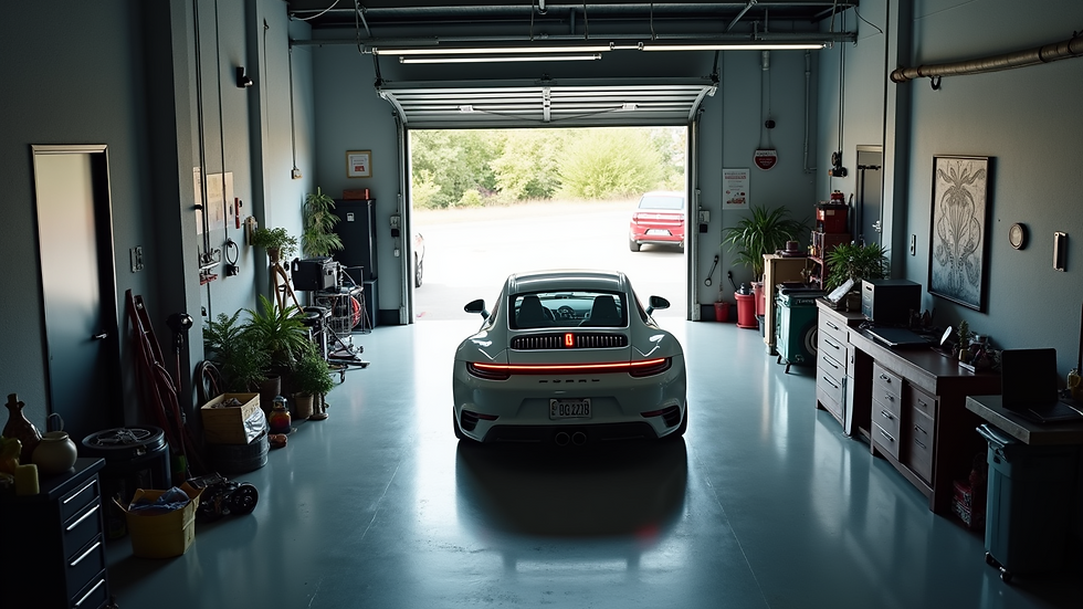 High angle view of a garage with a well-maintained vehicle