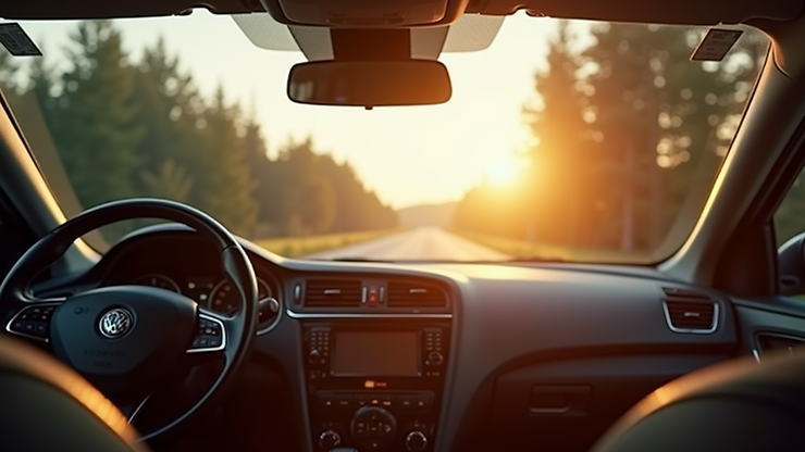 Eye-level view of a car interior showing sun glare reduction