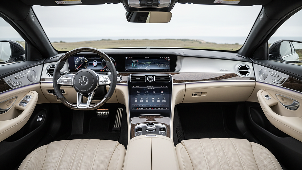 Eye-level view of a clean car interior with detailed dashboard and seats
