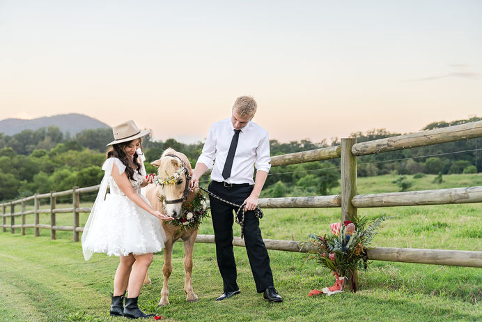 Newlyweds with pony at Sunshine Coast Country Wedding