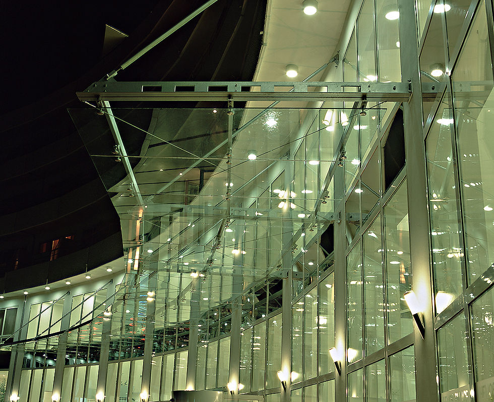 Glass canopies with a steel frame, point-fixed glazing