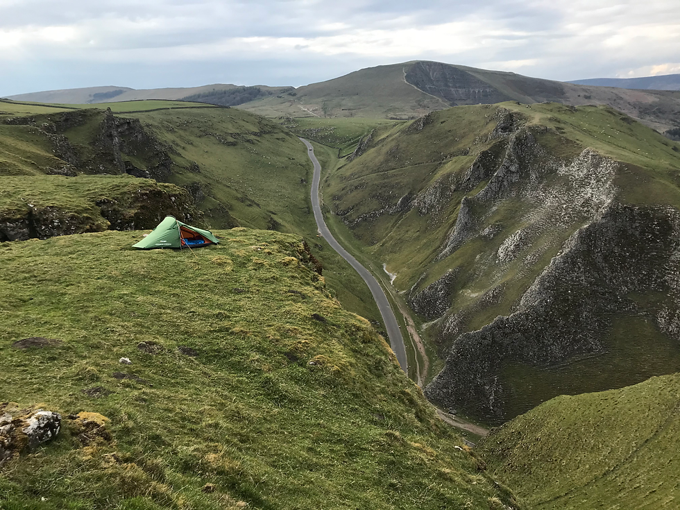 My tent set up at the top of Winnats Pass in the Peak District.