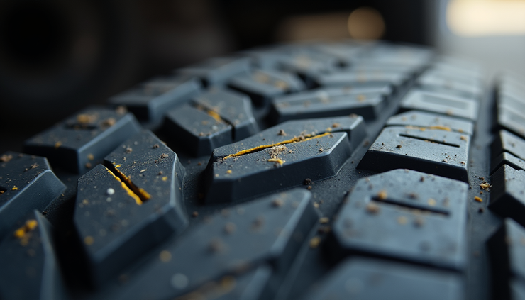 Close-up view of a used tire tread showing wear and depth