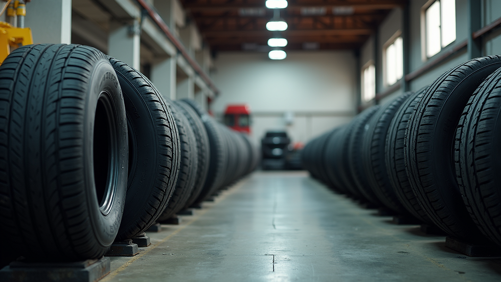 Eye-level view of a tire shop displaying a variety of used tires
