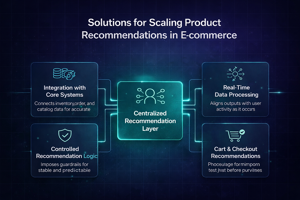 E-commerce product recommendation diagram. Centralized layer in the center connects to integration, real-time processing, logic, and cart systems.