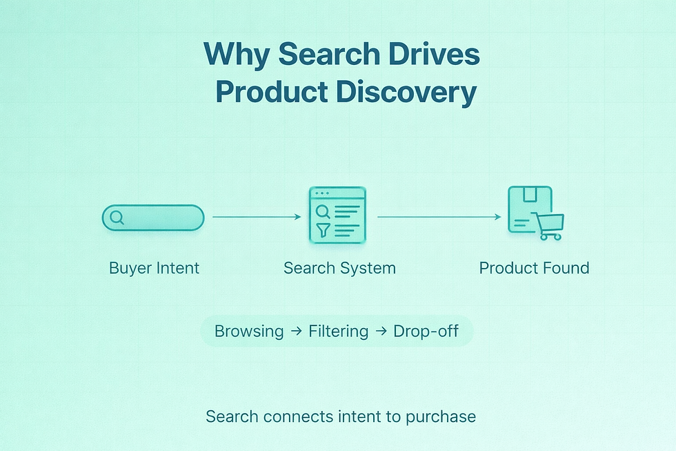 Diagram titled "Why Search Drives Product Discovery" showing stages: Buyer Intent, Search System, Product Found. Text: "Search connects intent to purchase."