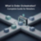 Boxes on a conveyor belt crossing at a checkpoint. Text reads "What Is Order Orchestration? Complete Guide for Retailers." Blue-gray theme.