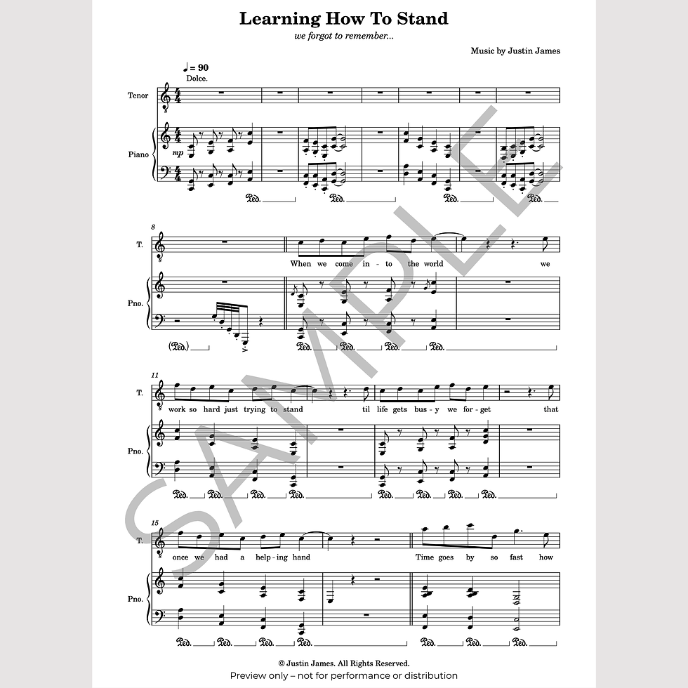 Opening page of Learning How to Stand featuring tenor voice with lyrical piano accompaniment.
