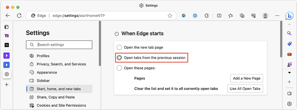 Microsoft Edge > Settings > Start, Home, and New Tab