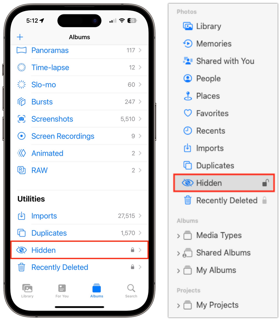Images showing the location of the Hidden Album on iPhone and Mac