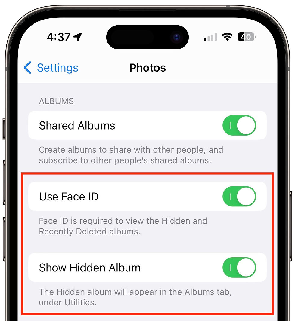 Image showing Hidden Album Settings on iPhone