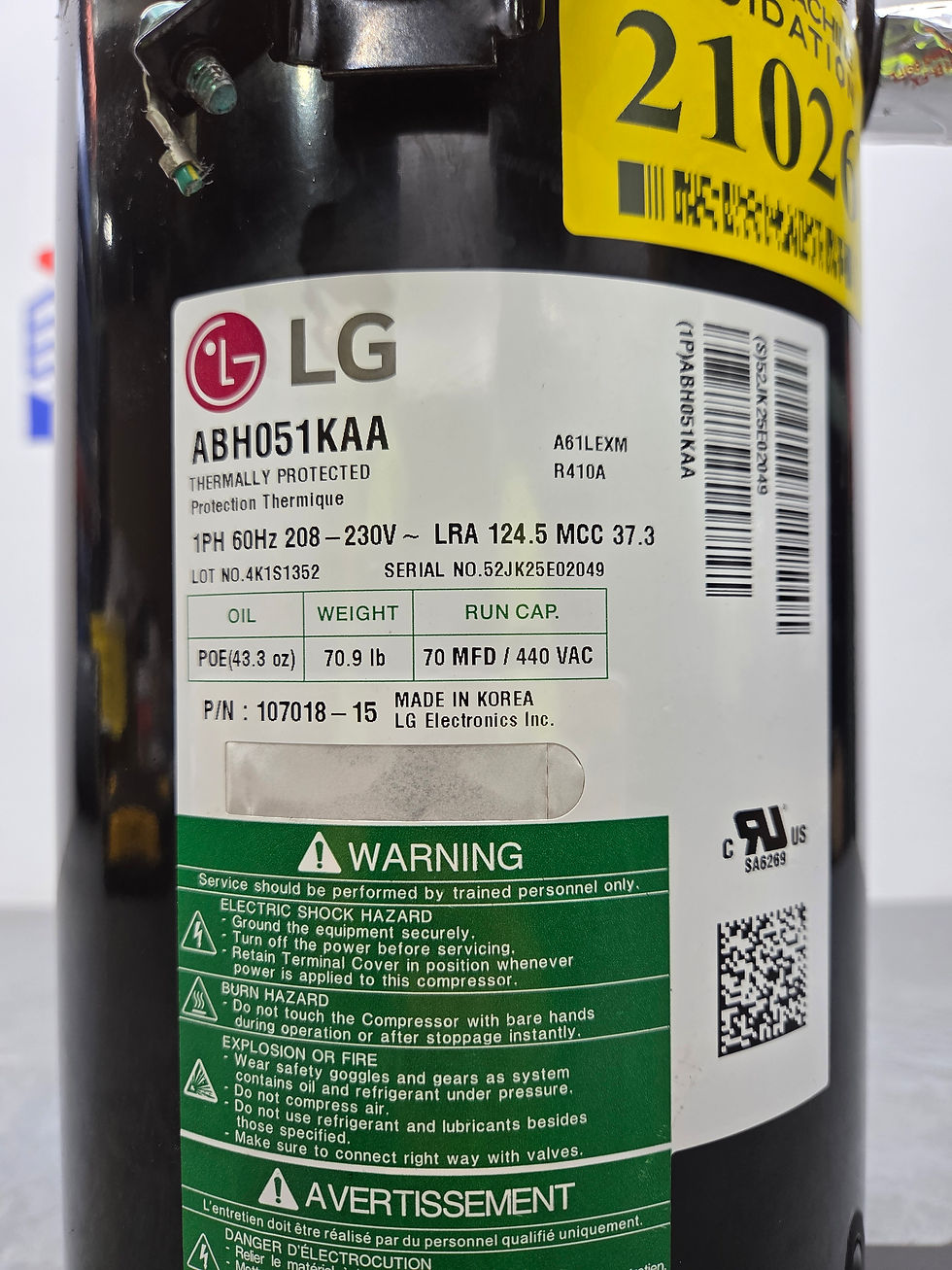 Miniatura: LG / ABH051KAA / V 208-230 / PH 1 / HVAC Compressor