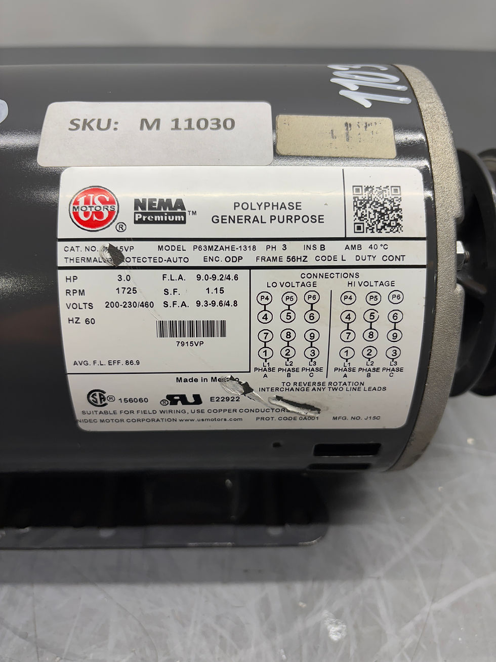 Thumbnail: US Motors / P63MZAHE-1318 / 3 HP / Electric Motor