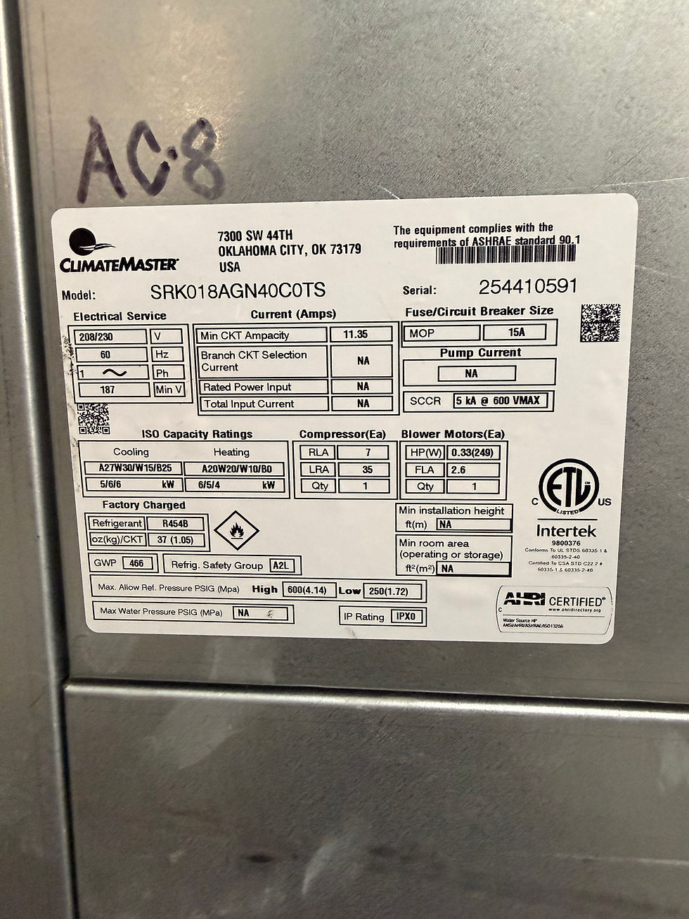 Miniatura: ClimateMaster / SRK018AGN40C0TS / Water Source Heat Pump / Used