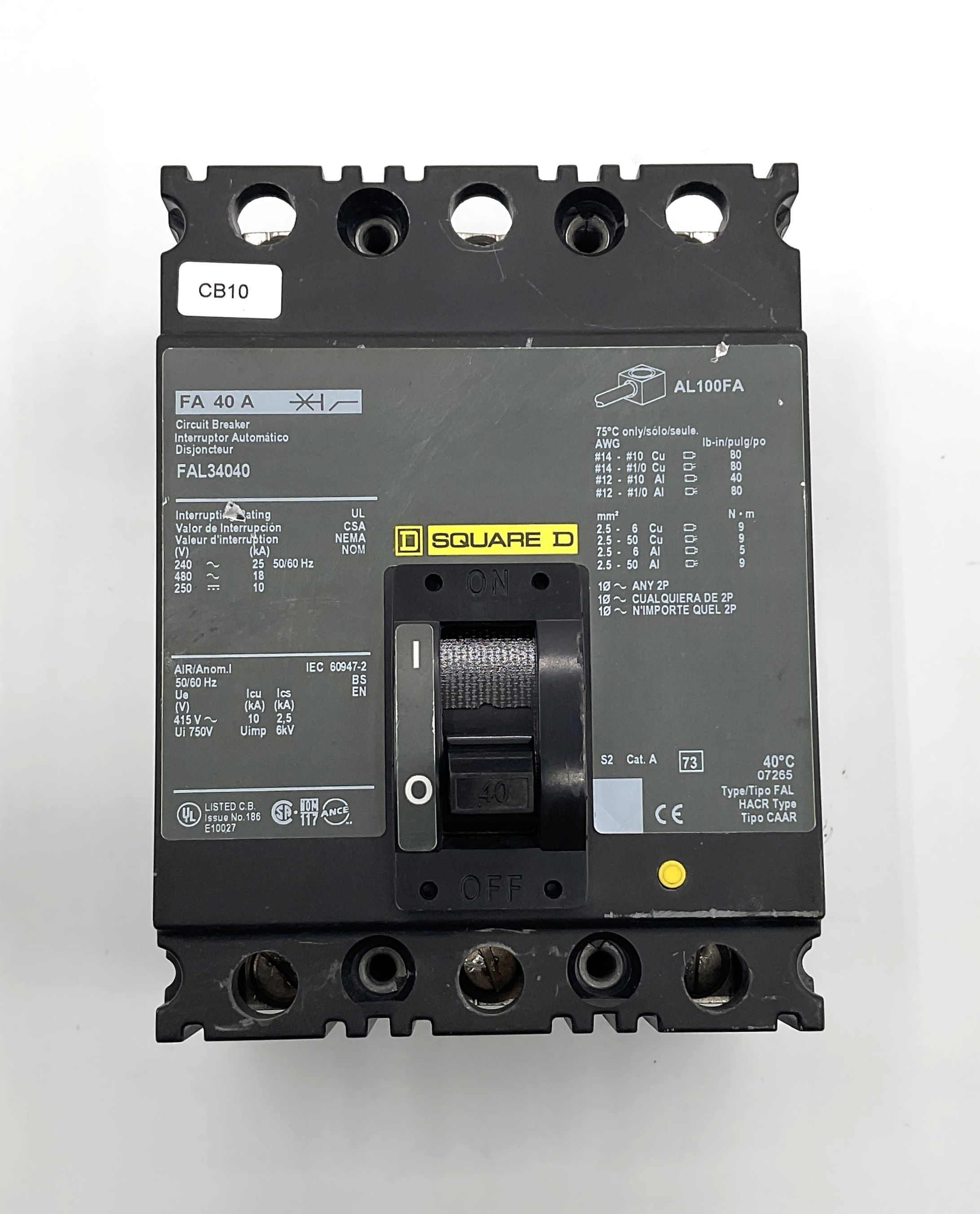 Square D / AL100FA / FAL34040 / FA40A / 3 Pole / 40 Amps / Circuit Breaker