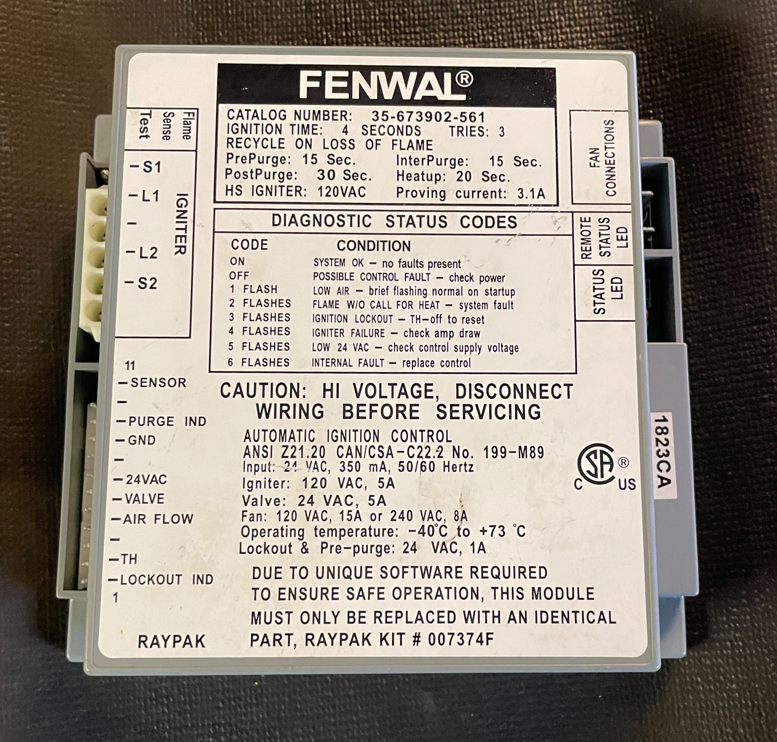 FENWAL 35-673902-561 Módulo de control de encendido 24 VCA RAYPAK 007374F