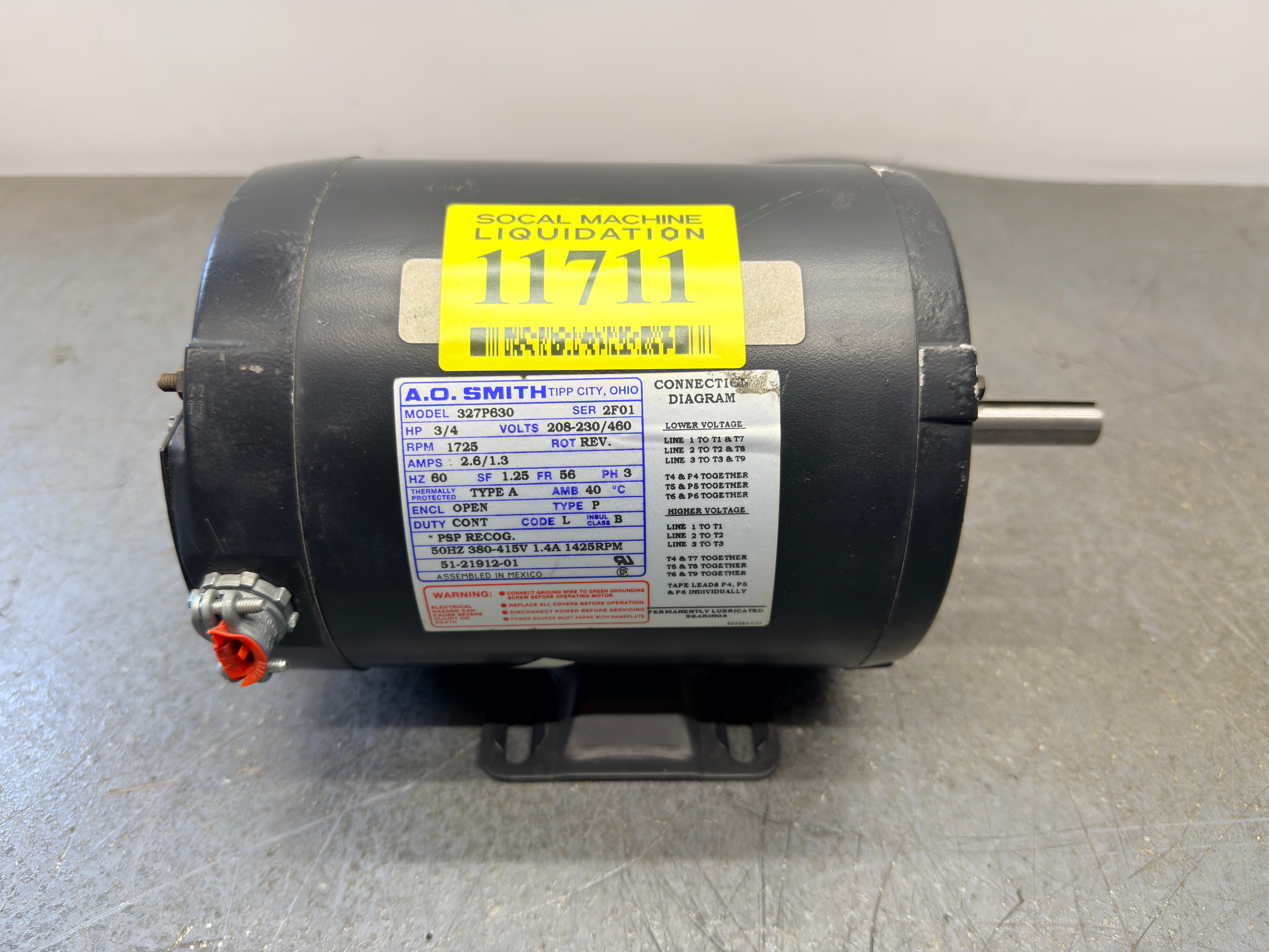 A.O. Smith / 327P630 / 51-21912-01 / 3/4HP / 208-230/460V / 3PH / Electric Motor