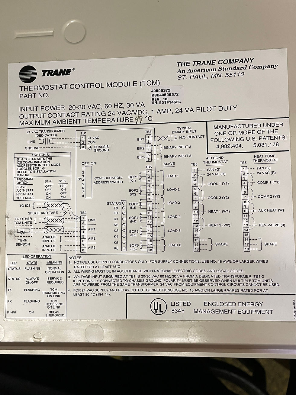 Miniatura: Módulo de control del termostato Trane 49500372 KBB49500372