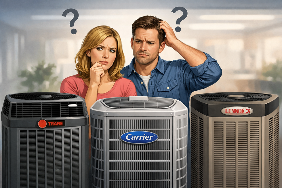 Man and woman appear confused, pondering over three air conditioning units labeled Trane, Carrier, and Lennox. Question marks above them.