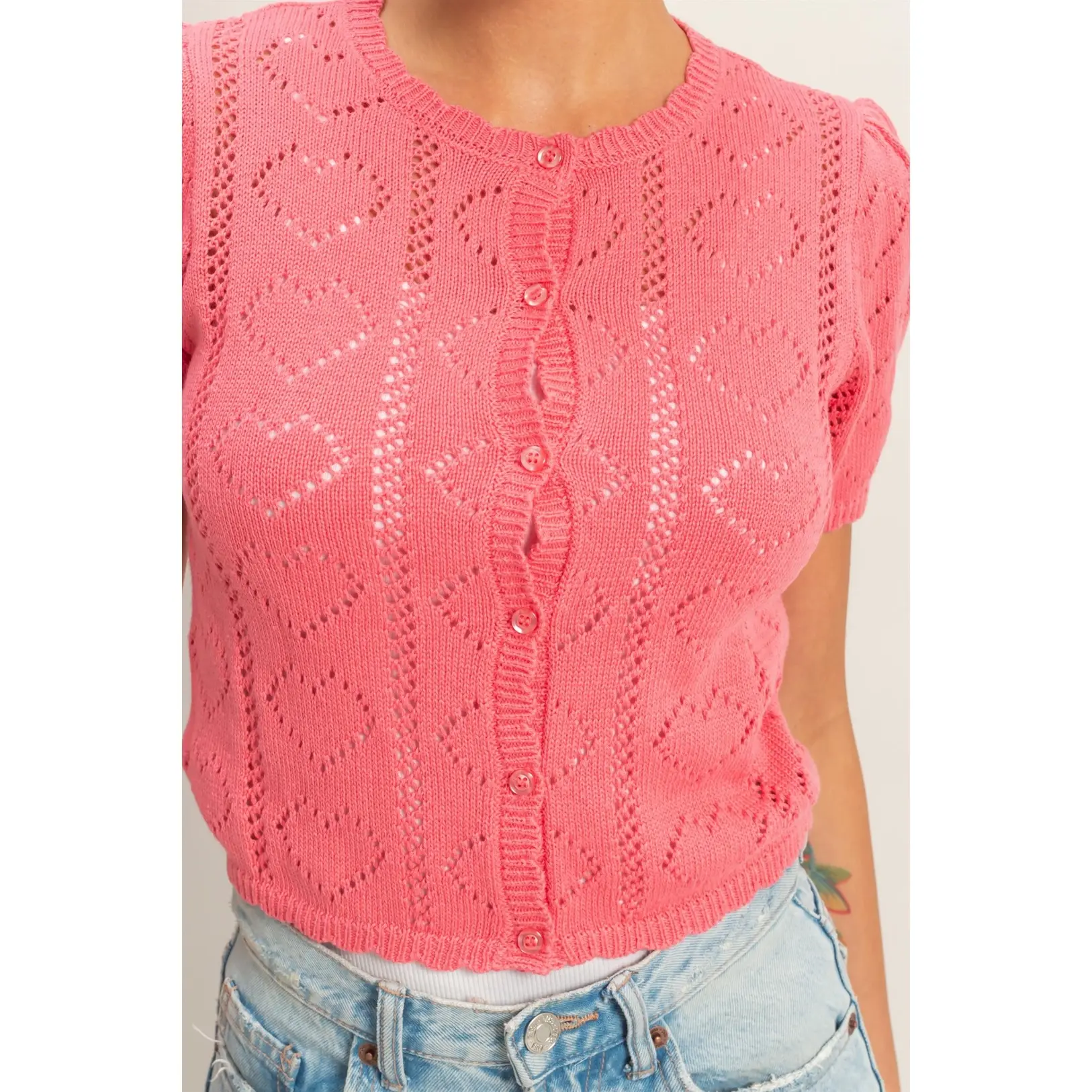 Pointelle Puff Sleeve Cardigan