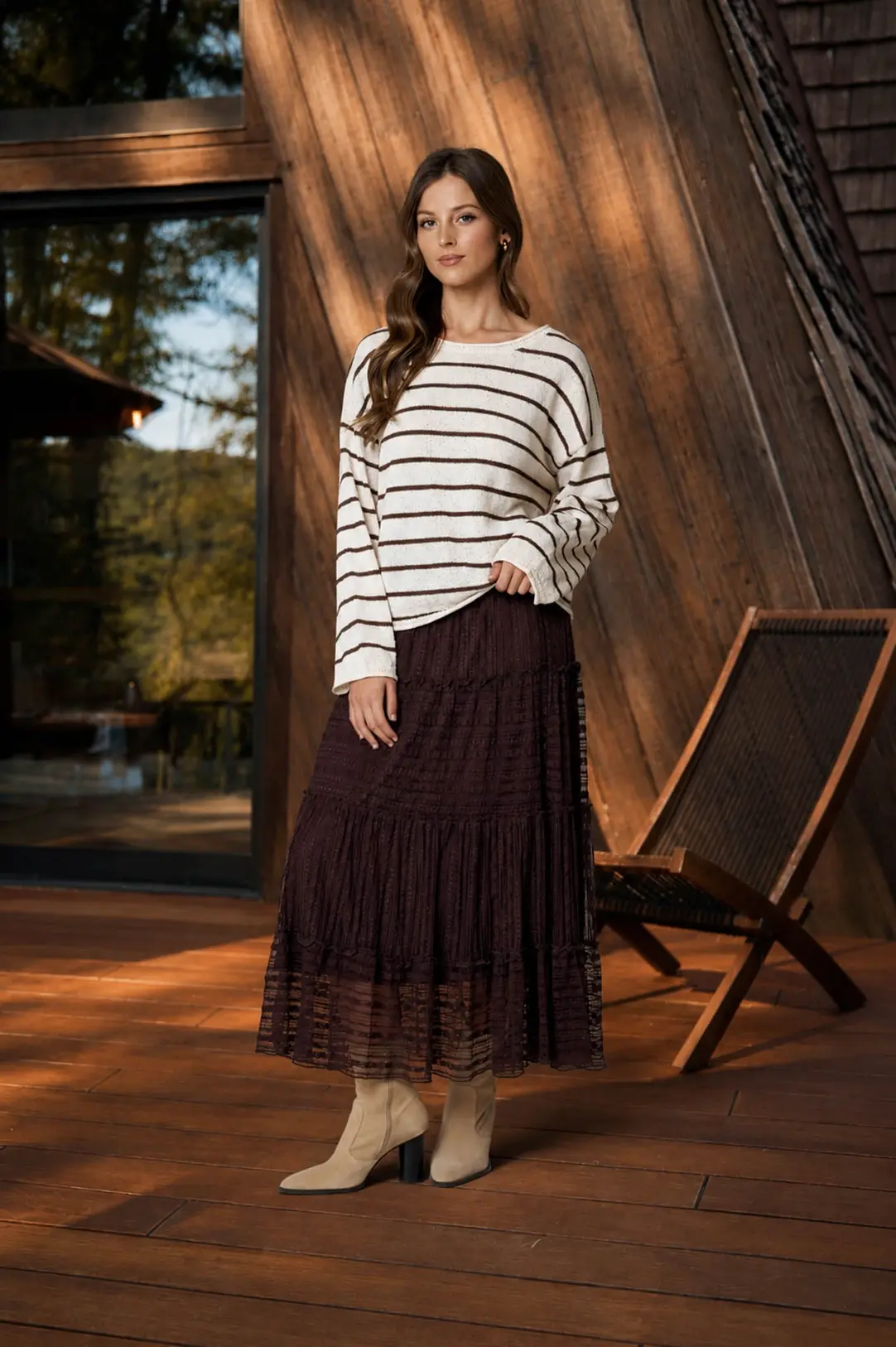 Textured Striped Midi Skirt