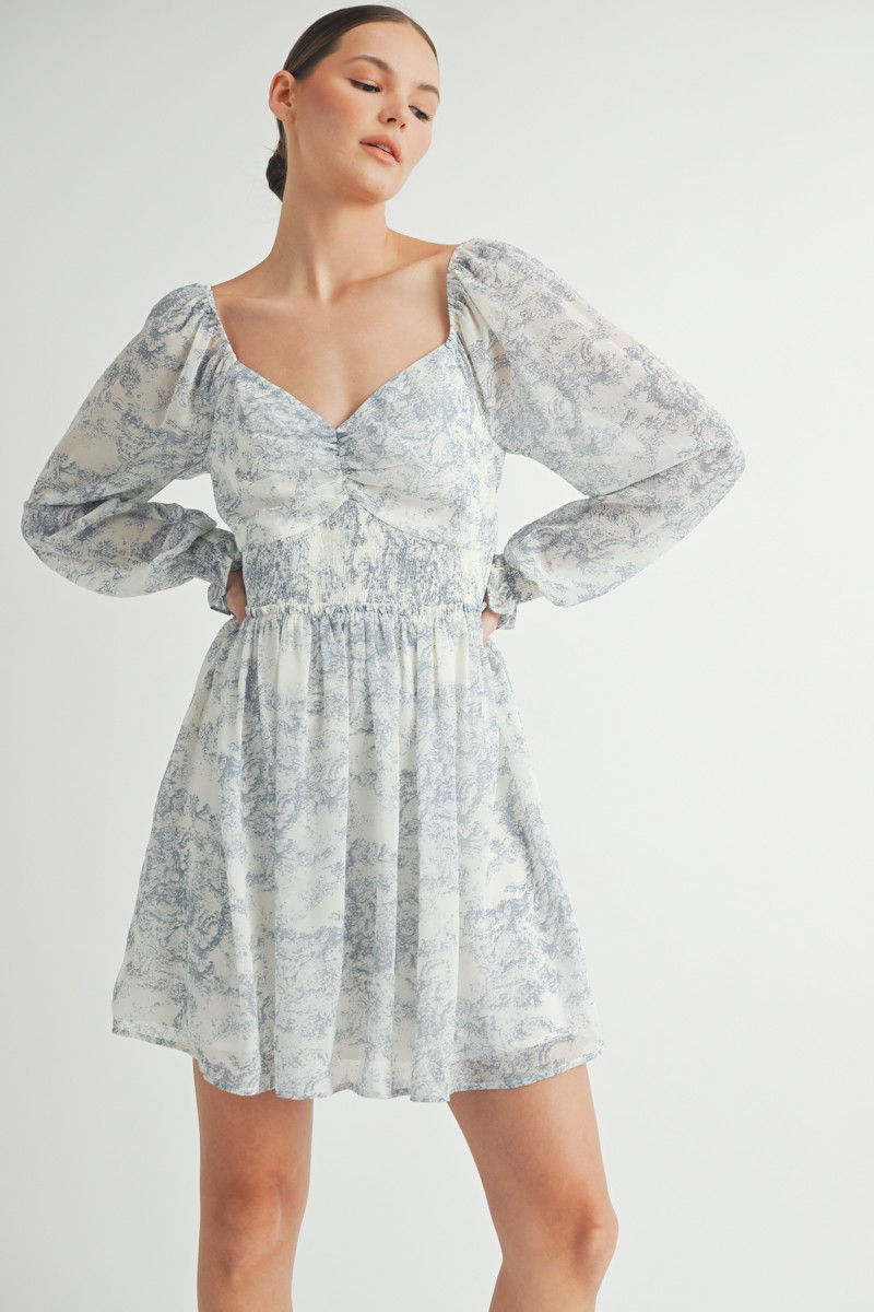 Floral Toile Puff Sleeve Mini Dress