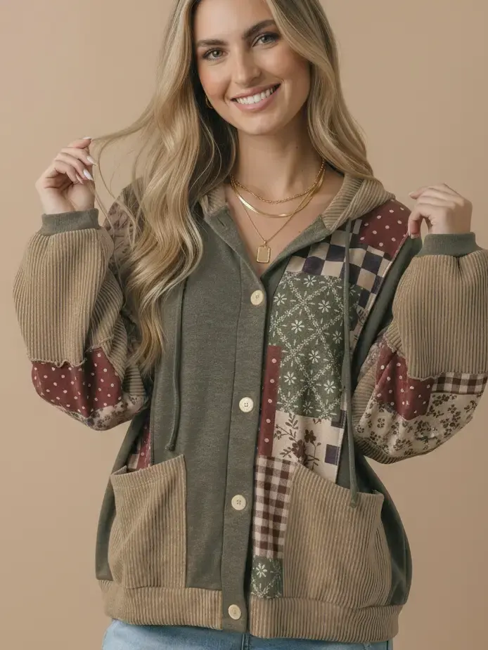 Button Down Color Block Hoodie