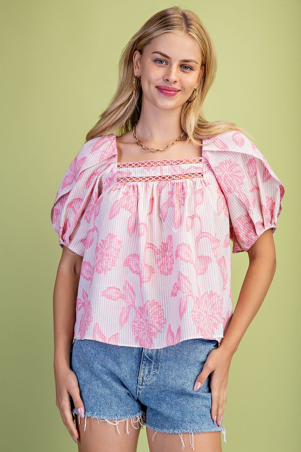 Thumbnail: Striped Floral Sq. Neck Top