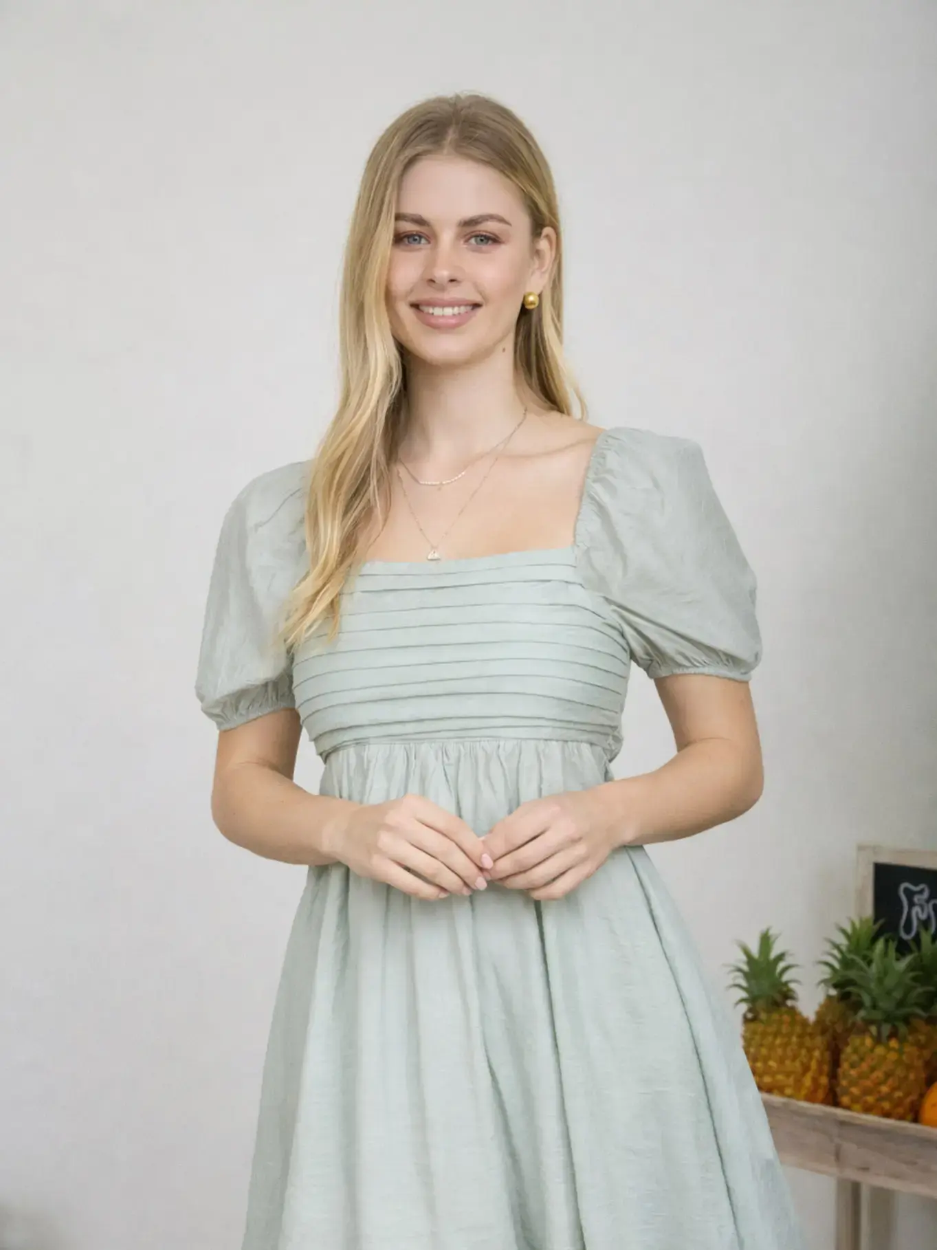 Pleated Puff Slv. Mini Dress