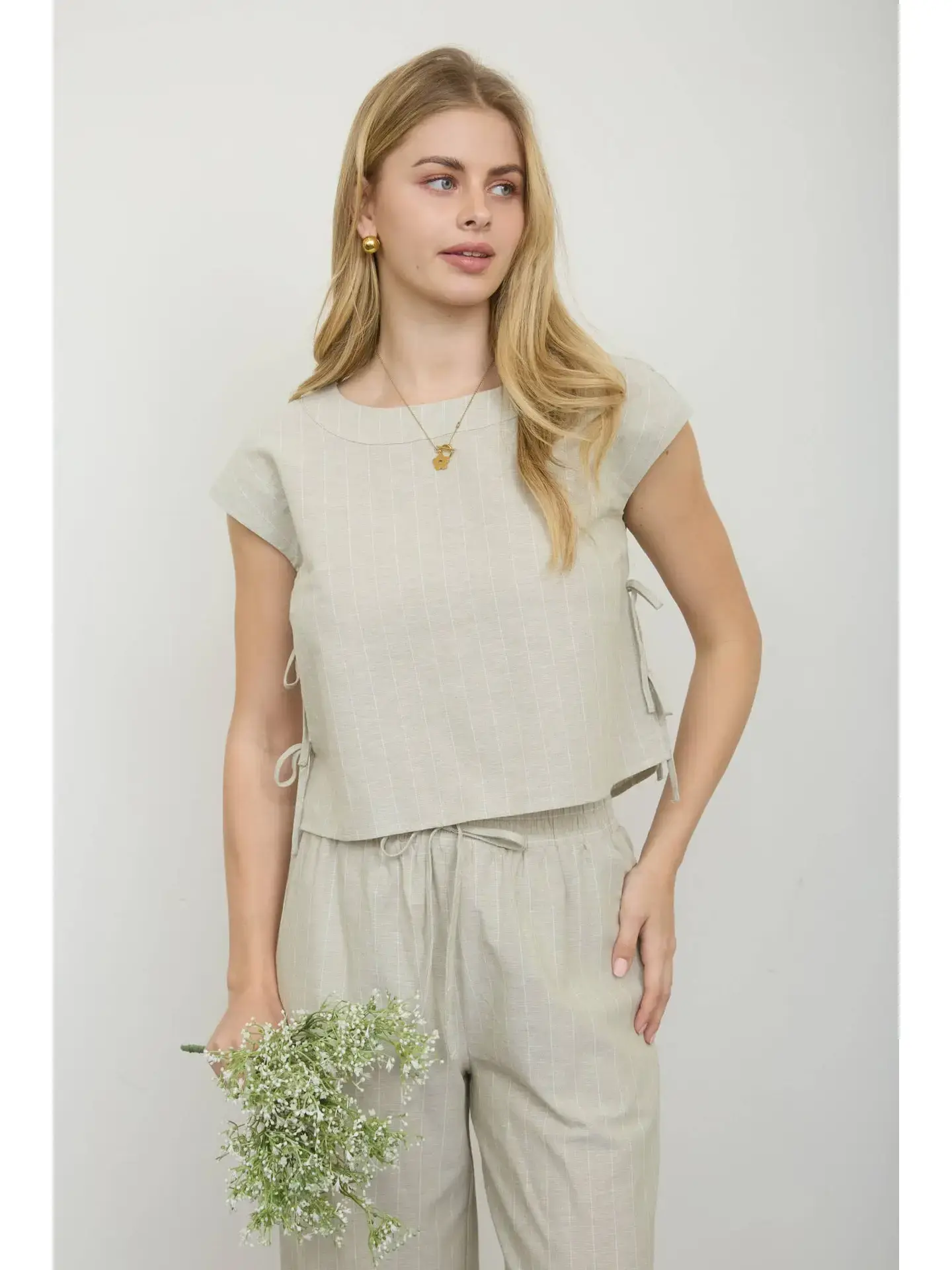 Striped Linen Side Tie Top