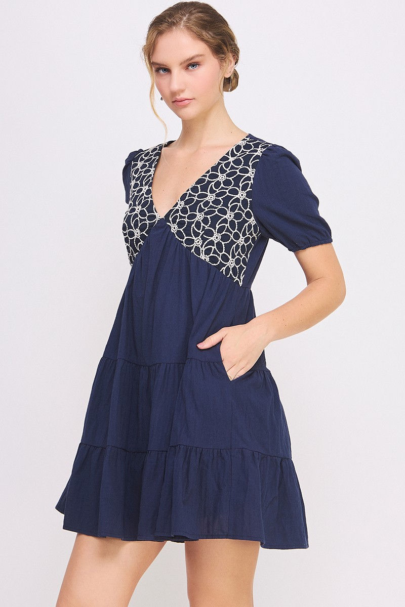 Embroidered V-Neck Mini Dress