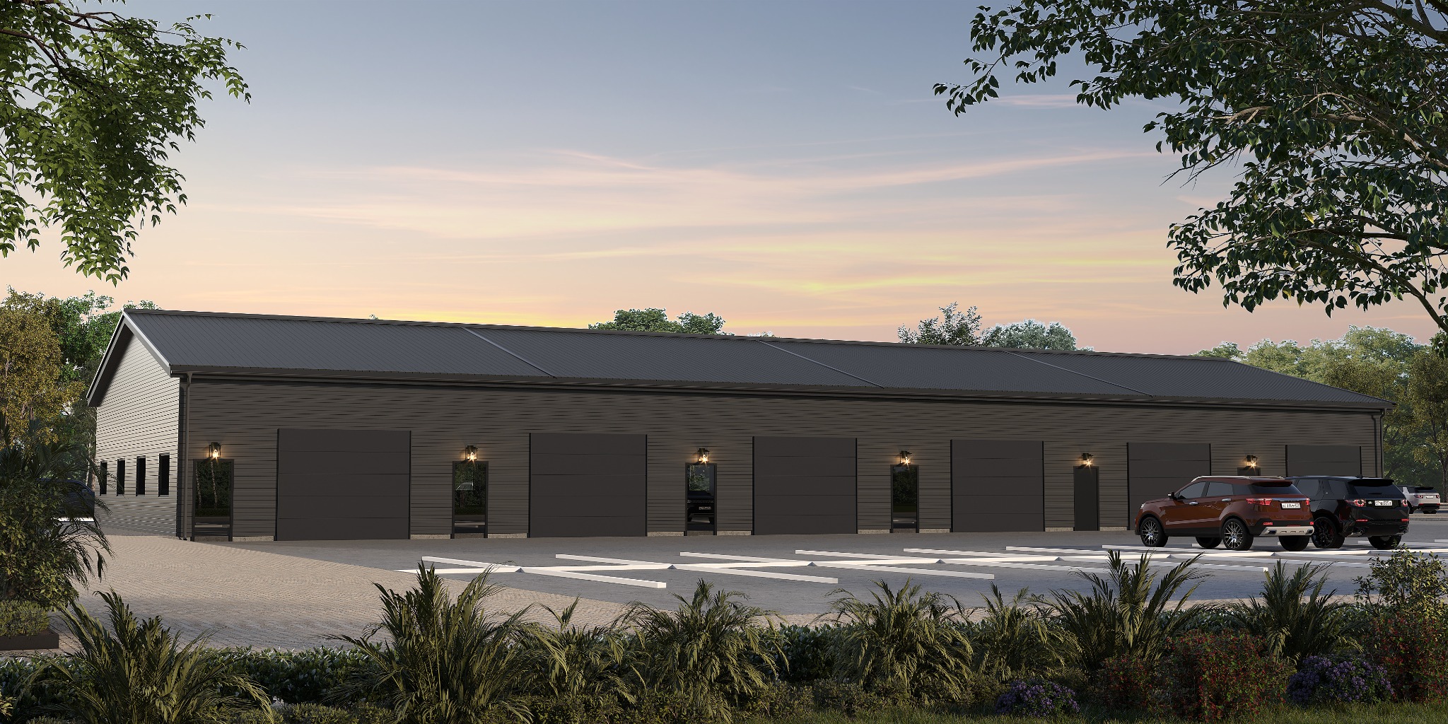 Architectural rendering of proposed commercial building with overhead doors