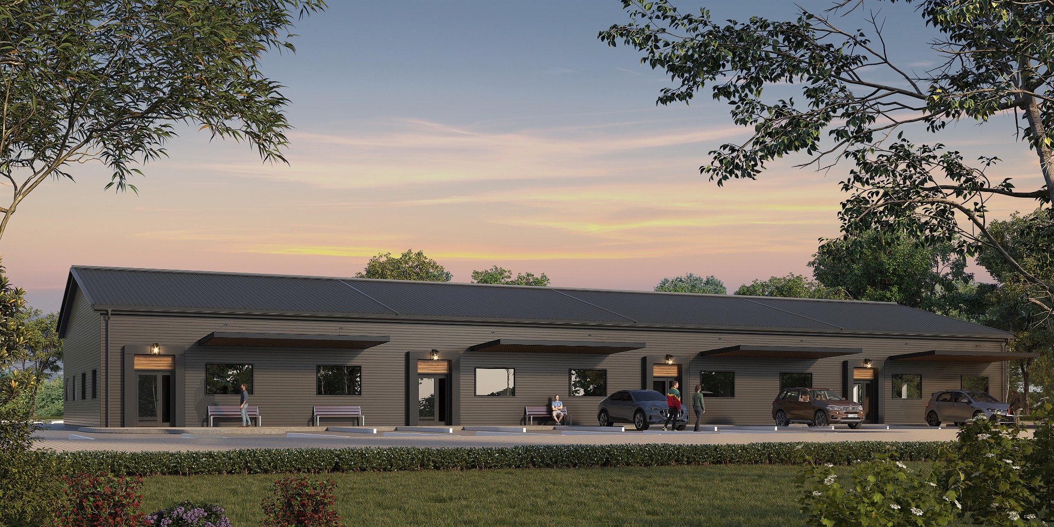 Architectural rendering of proposed commercial units with glazed entrances