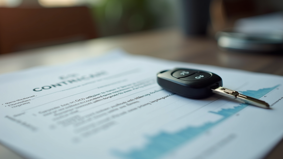Close-up view of a rental car key and contract on a table
