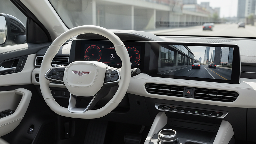 Close-up view of a car dashboard and steering wheel inside a vehicle