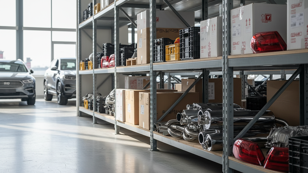 Eye-level view of a warehouse shelf filled with car parts boxes