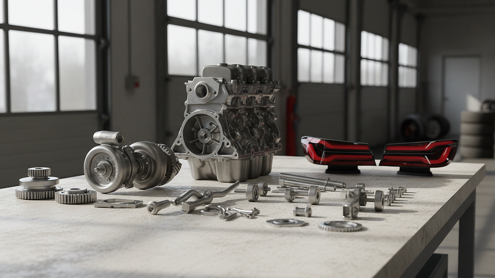 Eye-level view of car parts laid out on a workbench