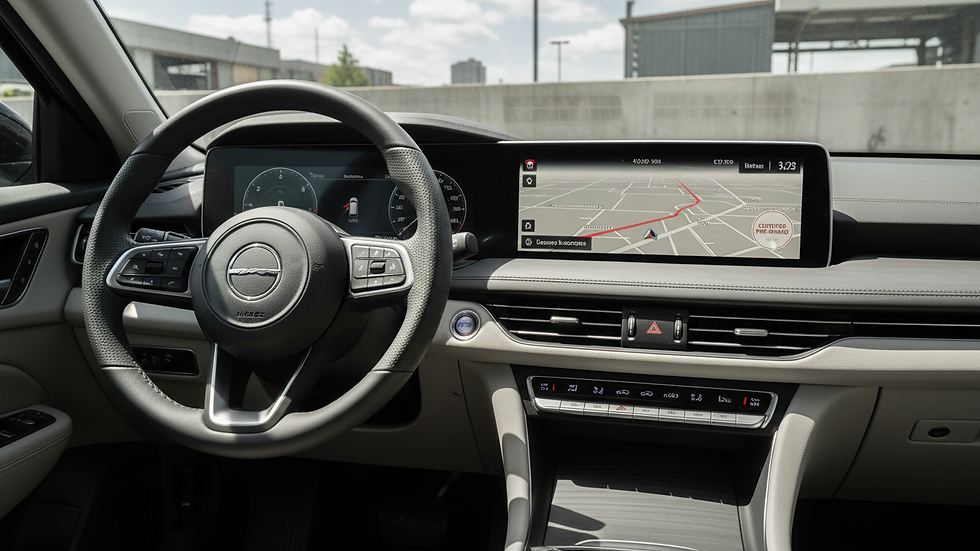 Close-up view of a sedan dashboard showing the steering wheel and infotainment system