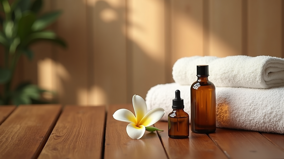 Close-up view of massage oils and towel on a wooden massage table