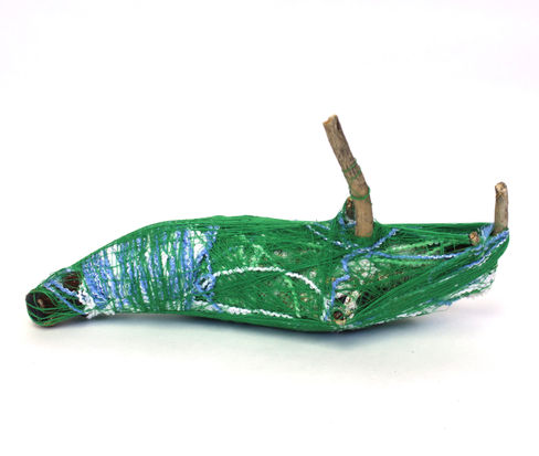 Untitled (Green Branch), 2017
mixed media sculpture with branch, acrylic thread, saran wrap, wool yarn