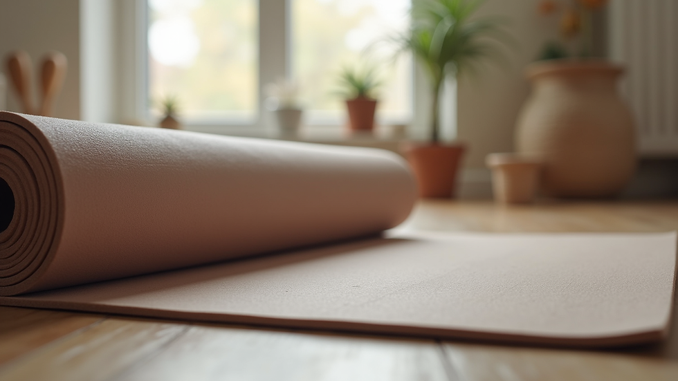 Close-up view of a yoga mat and baby carrier in a cozy home setting