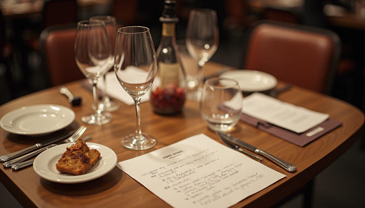 Vue en plongée d’une table de dégustation avec plusieurs verres de vin et des fiches de notes