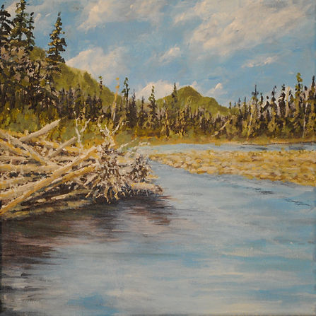 Called The Tangle, an acrylic paint canvas piece showcasing a log jam on the Elk River near Fernie, BC.