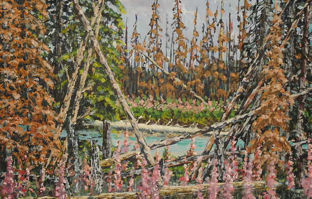 White River Burn is an acrylic canvas landscape piece of a recent fire burn valley with the White River in the background.