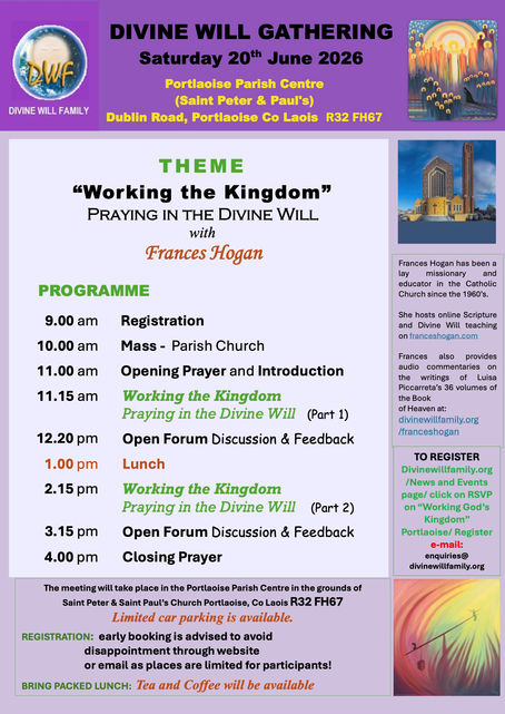 PRAYING IN THE DIVINE WILL with Frances Hogan.  Saturday 20th June 2026 in Portlaoise.