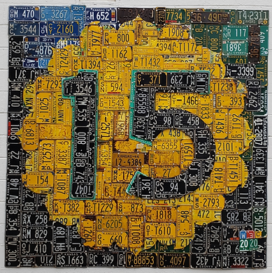 Representation of iconic signage marking Kansas Highway 15 which serves Clay Center, KS. Comprised of original Kansas license plates from the 50s, 60s, and beyond.